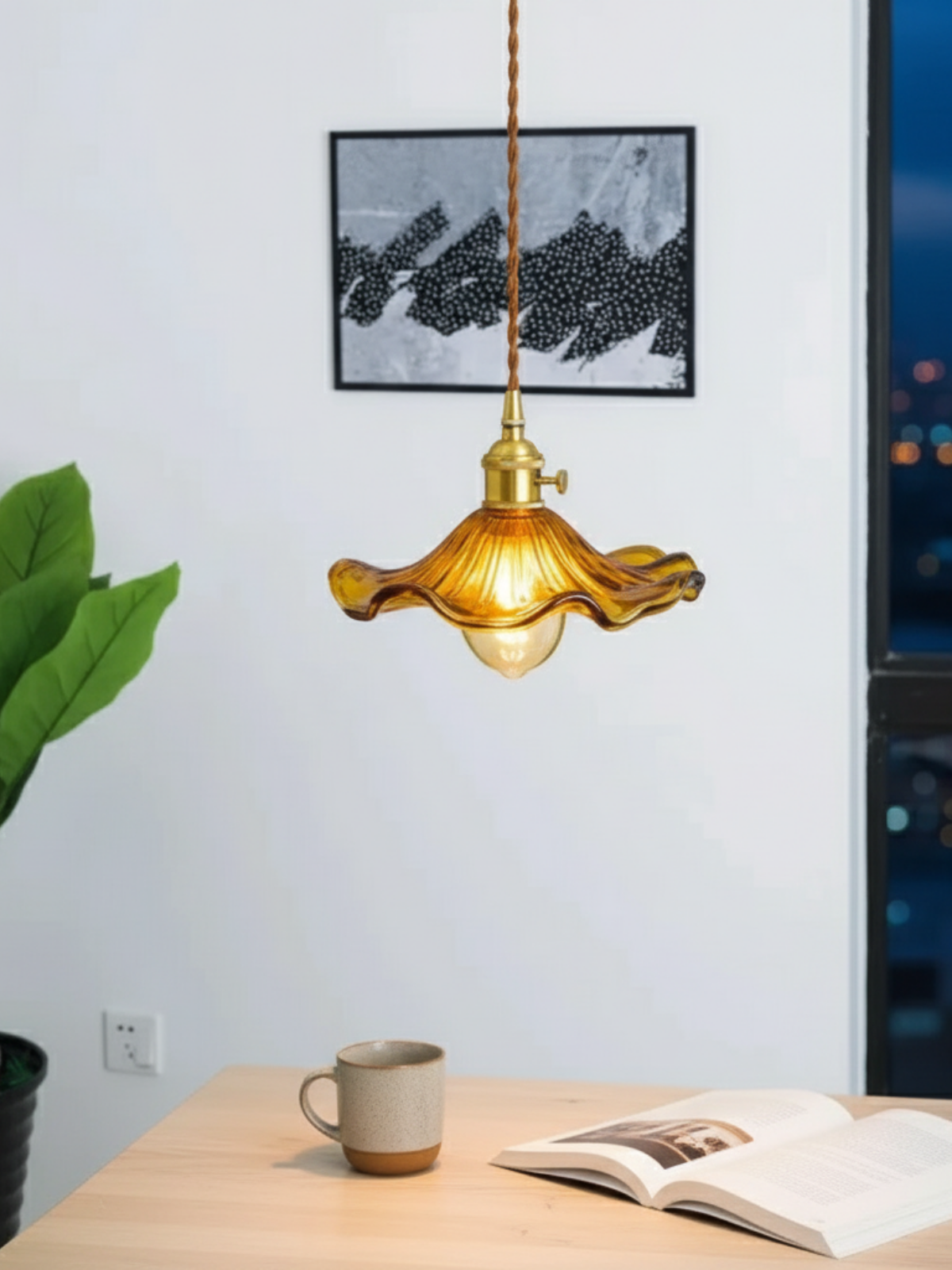 Vintage Orange Hibiscus Glass Pendant