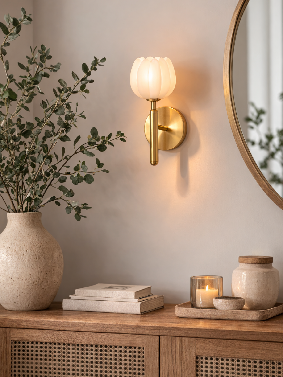 Brass Alabaster Floral Wall Sconce Light