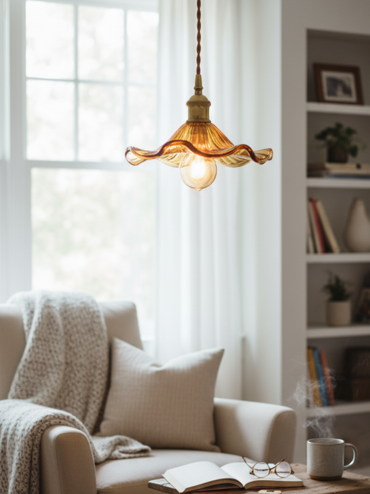 Vintage Orange Hibiscus Glass Pendant