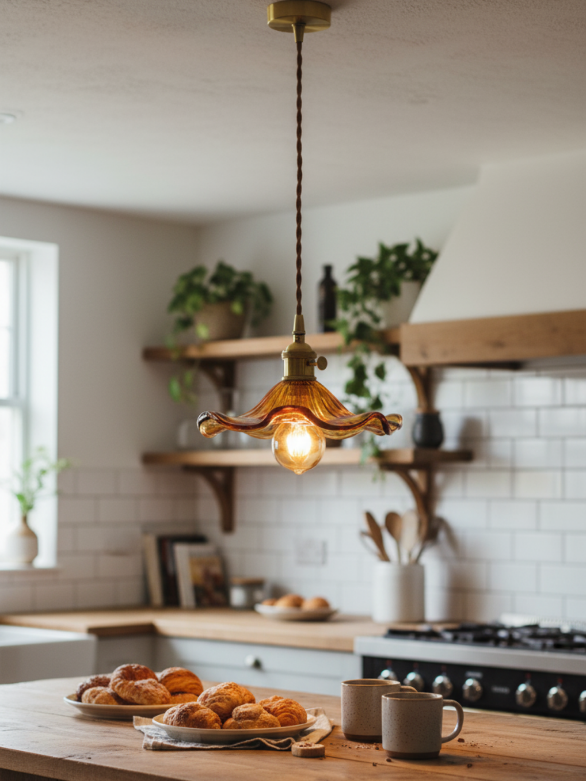 Vintage Orange Hibiscus Glass Pendant