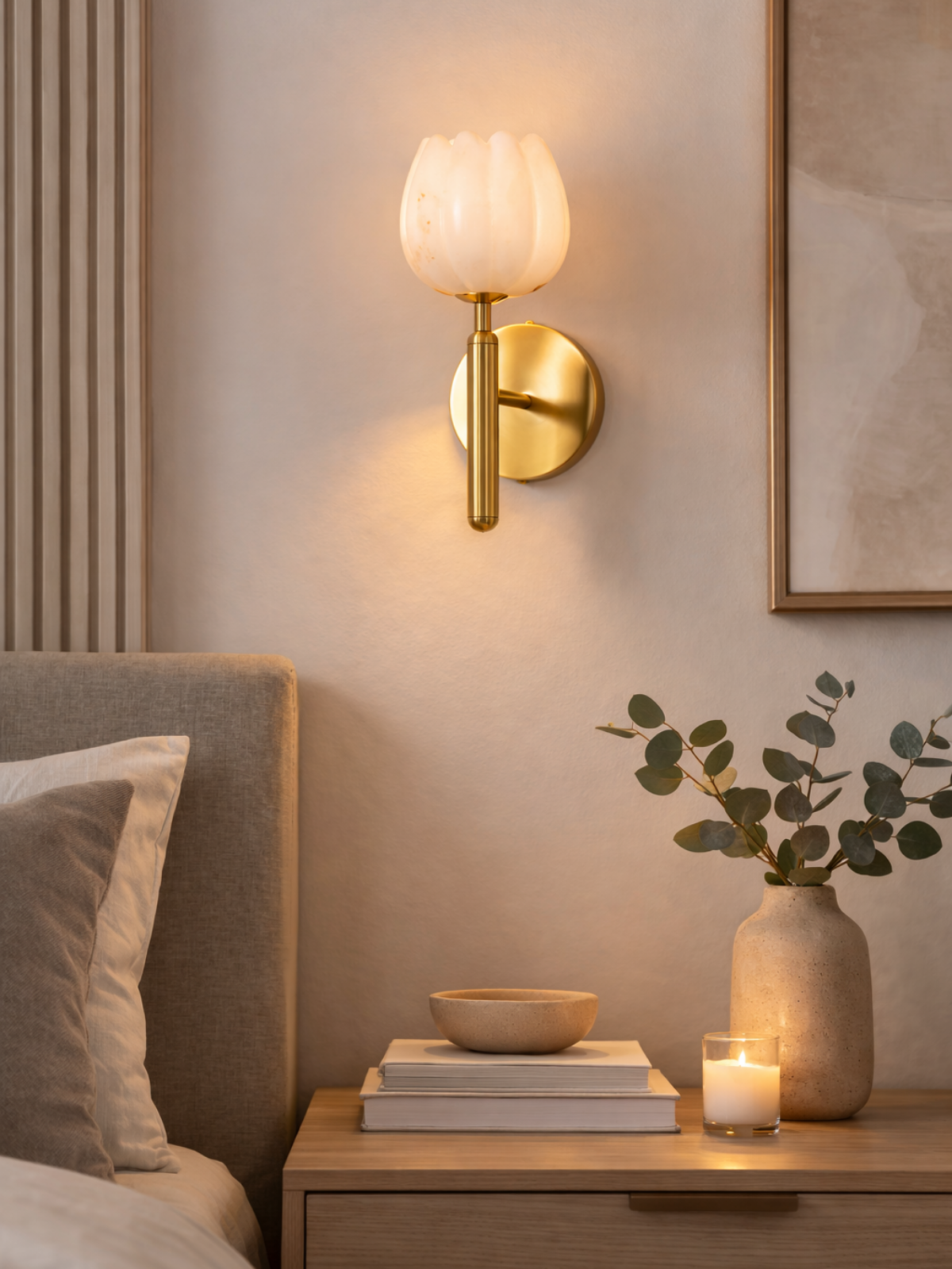 Brass Alabaster Floral Wall Sconce Light