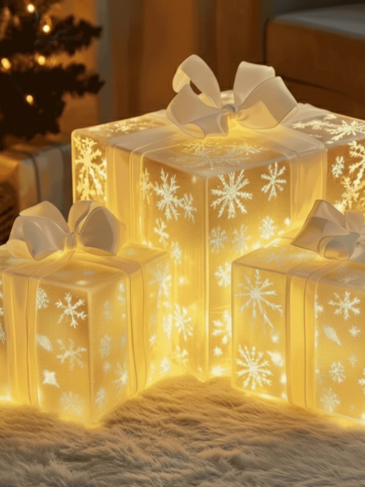 Glowing Snowflake Gift Box Trio – LED Holiday Decor