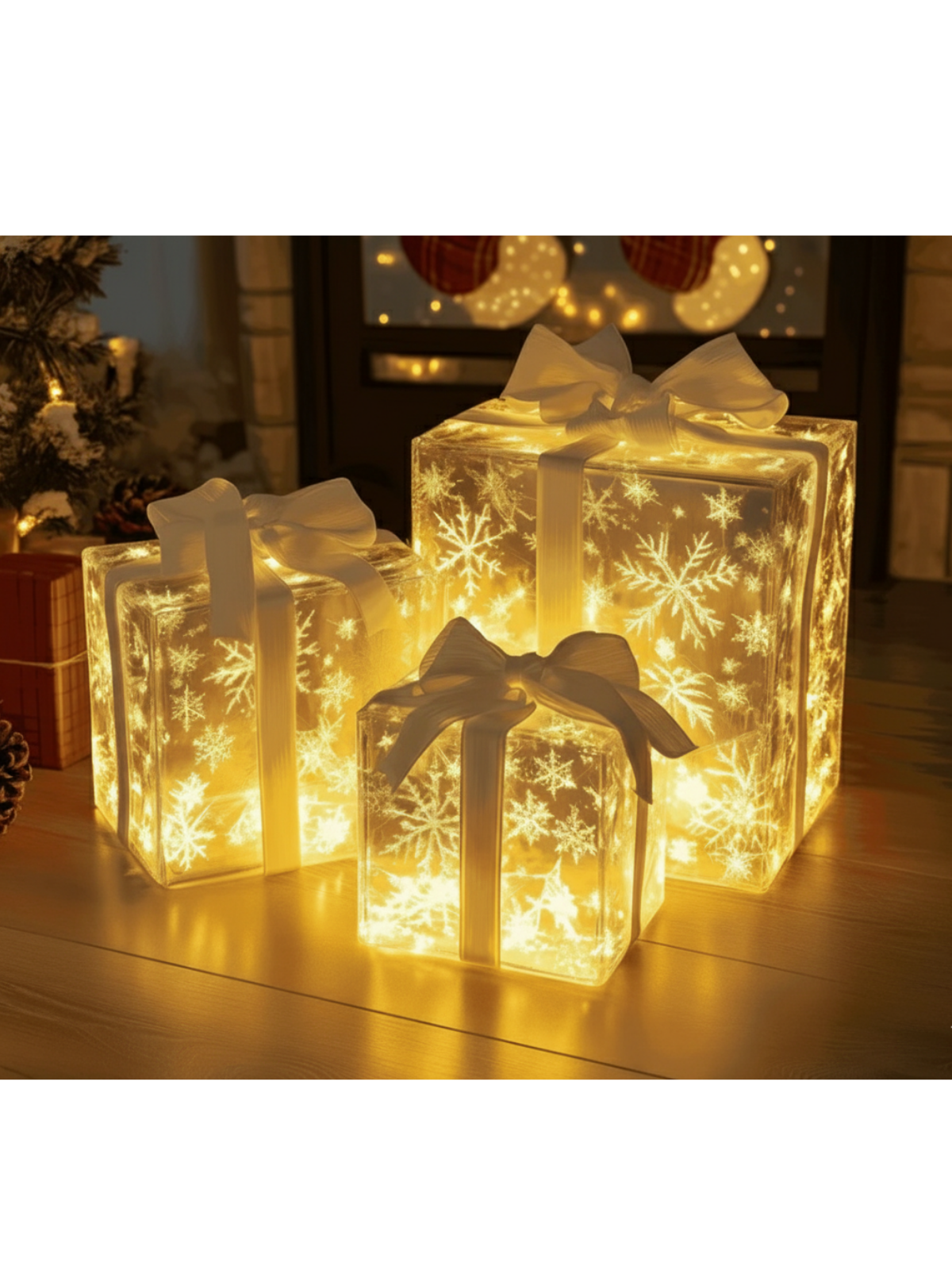 Glowing Snowflake Gift Box Trio – LED Holiday Decor