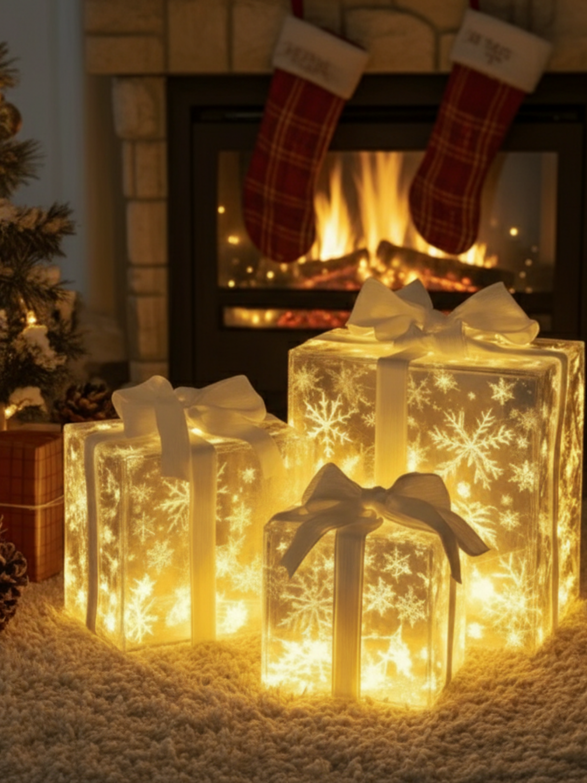 Glowing Snowflake Gift Box Trio – LED Holiday Decor