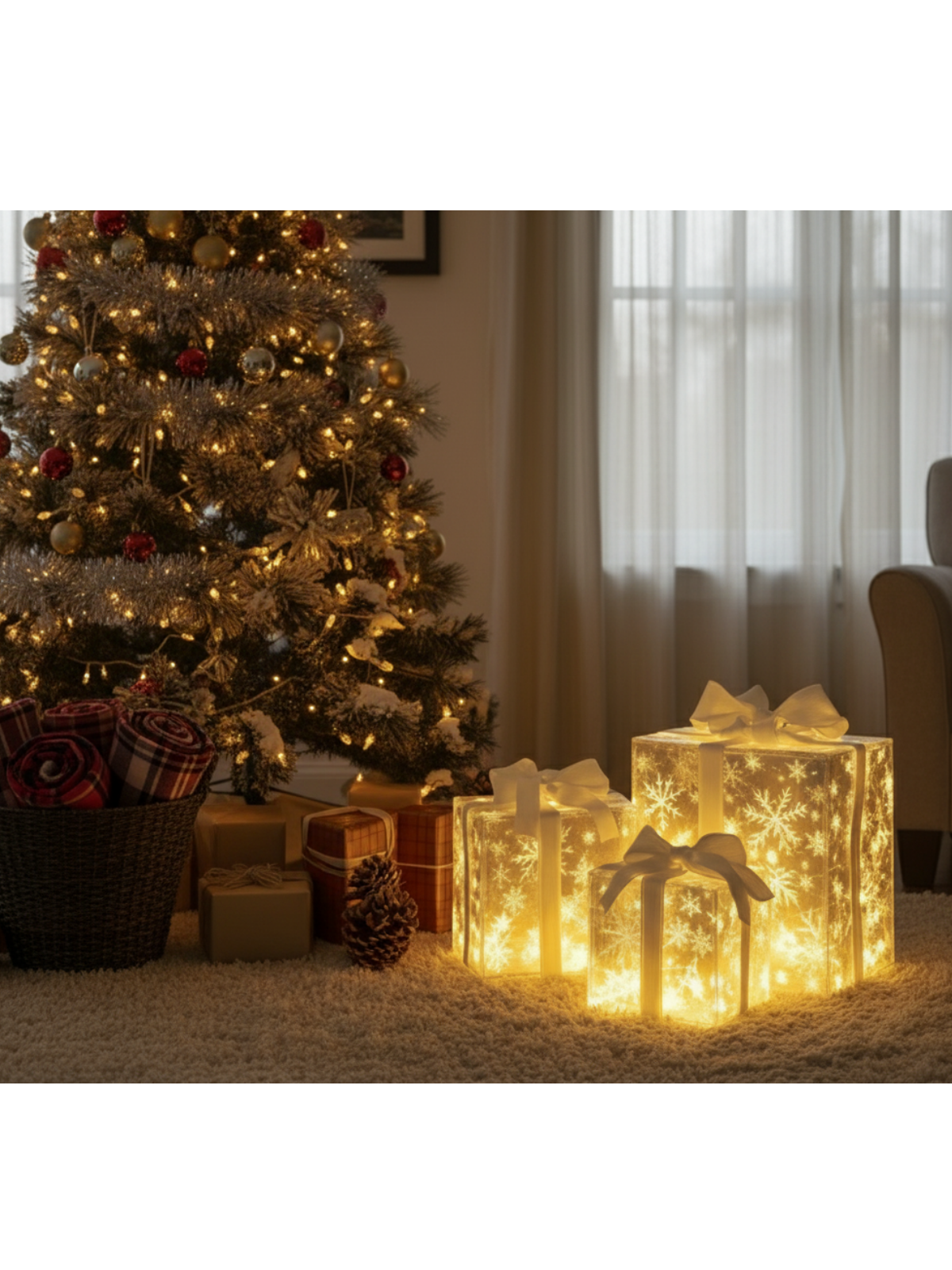 Glowing Snowflake Gift Box Trio – LED Holiday Decor